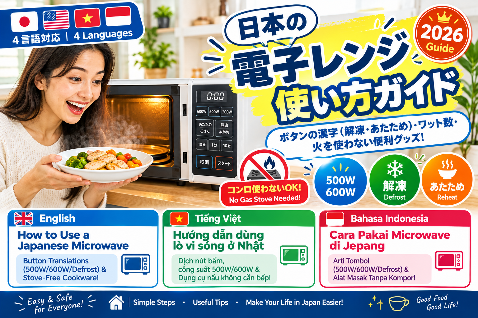 【永久保存版】日本の電子レンジ使い方完全ガイド｜ボタンの意味（解凍・あたため）・ワット数と、火を使わない最強レンジ調理器具6選